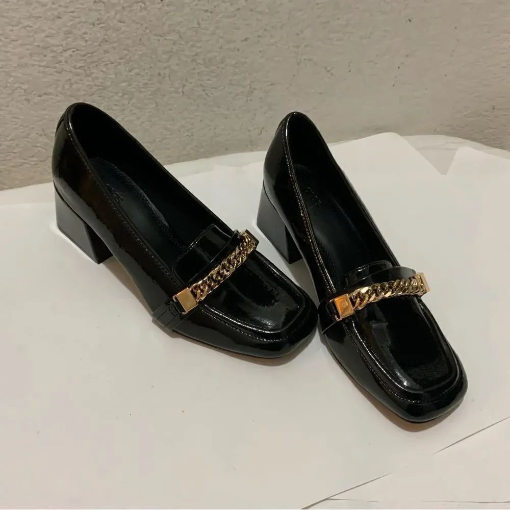 New ASOS DESIGN Spencer mid-heeled chain loafers in black size 5